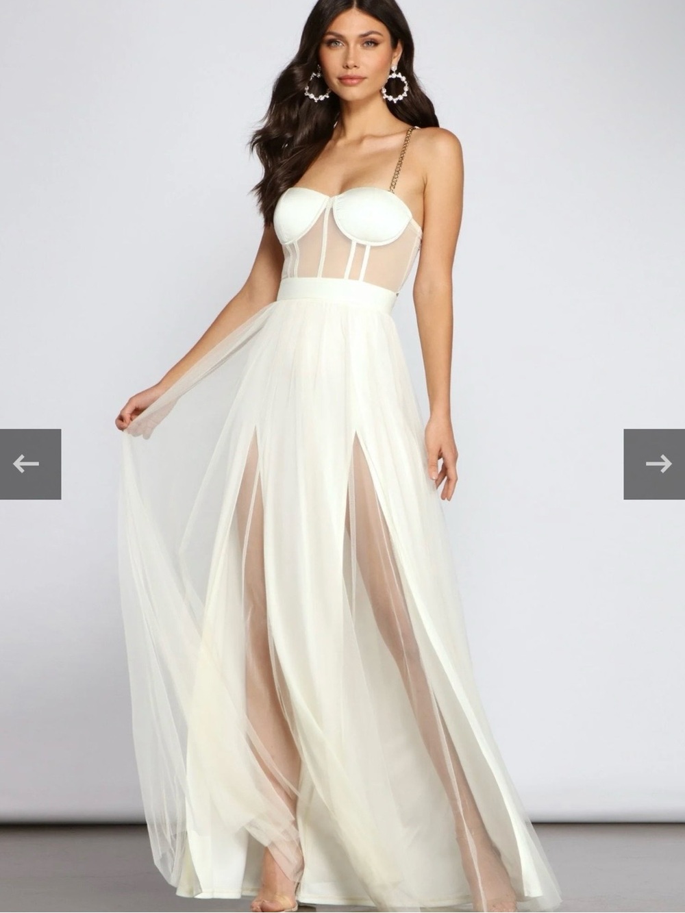 Ivory Corset Top Bustier Tulle Maxi Dress Gold Chain Straps Sheer Mesh size S